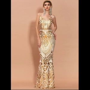 Gold Sequin Backless Damask ball gown ✨